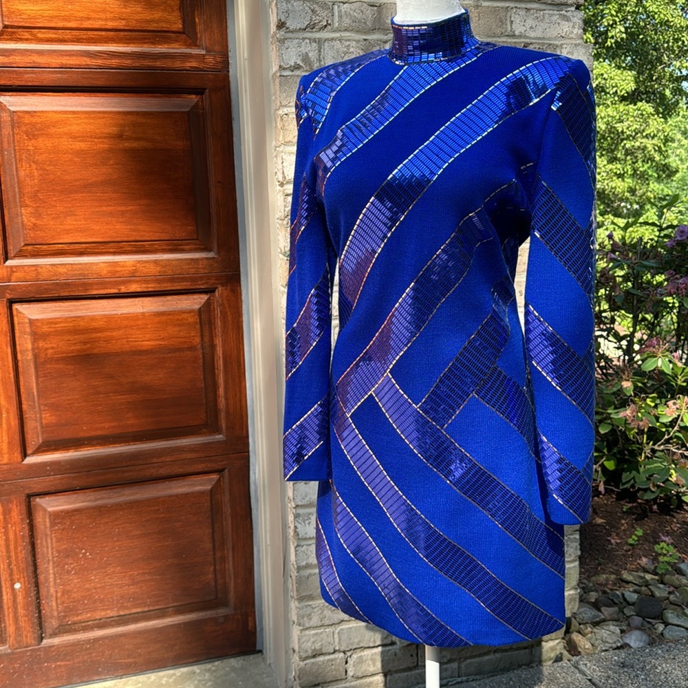 St. John Royal Blue Sequin Striped Cocktail Dress - Picture 9 of 16